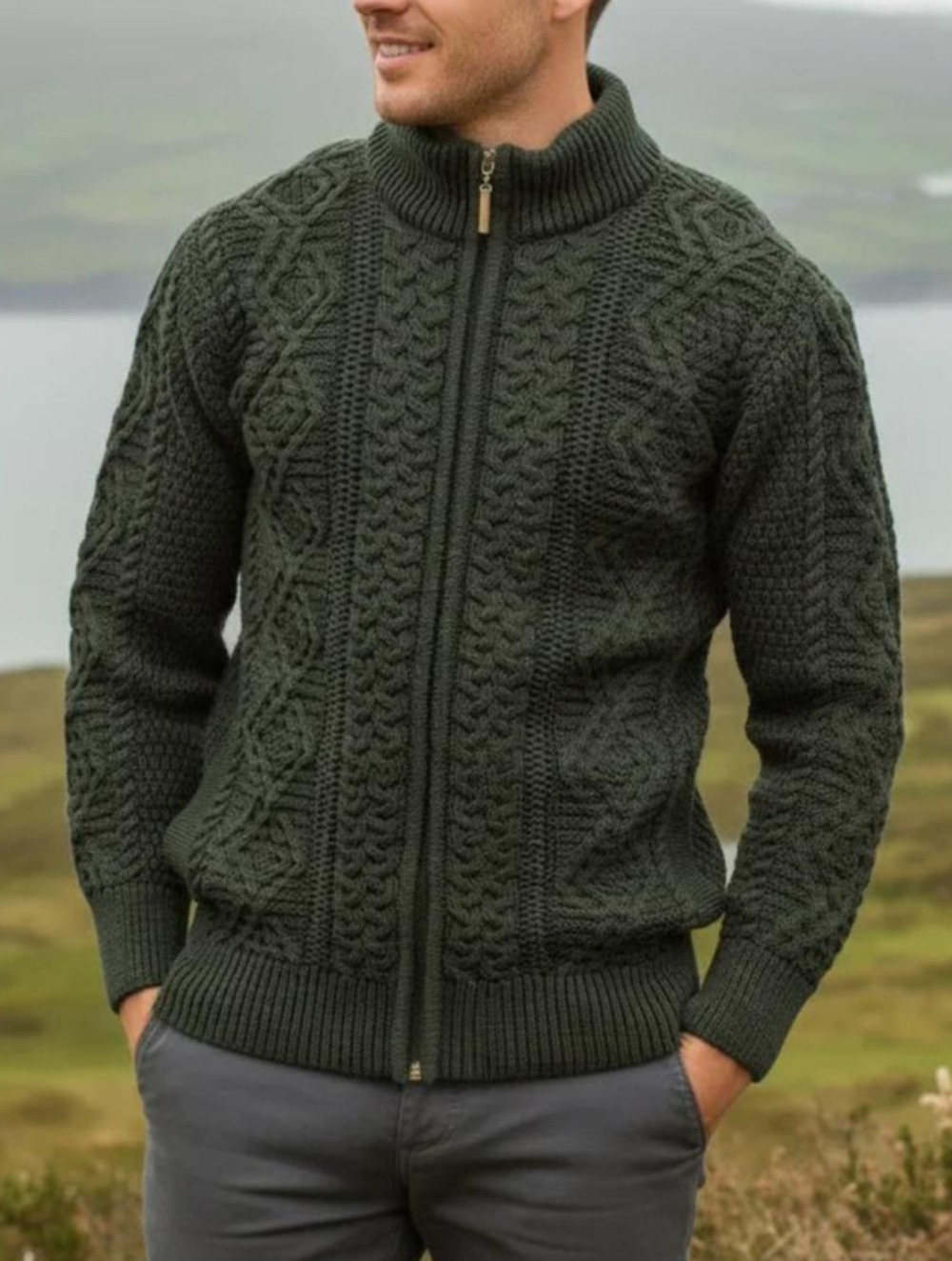 Original Aran Co green full zip cable knit fisherman sweater Size L Preppy Retro
